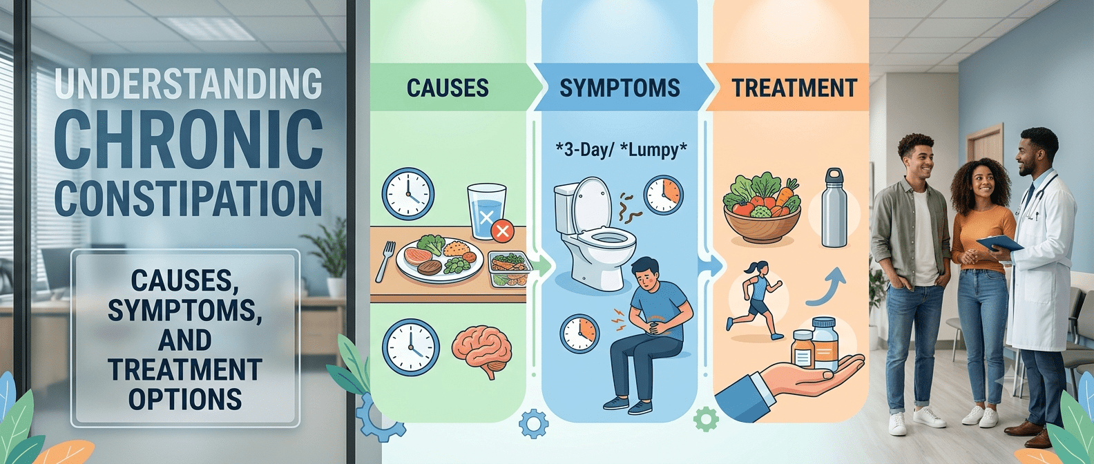 Illustration of chronic constipation symptoms, digestive system, and bowel health